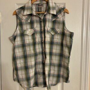 Wrangler Women's Green Plaid Pearl Snap Buttons Western Country Concert Shirt XL